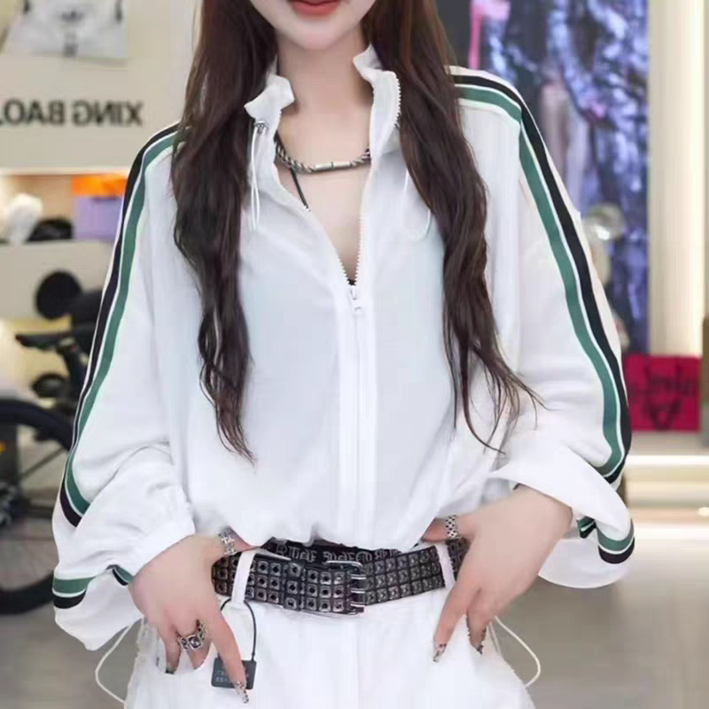 여름 스트라이프 긴팔 자외선 차단 재킷 여성 레저 다용도 지퍼 루즈핏 슬림해 보이는 운동 바람 자외선 차단 의류