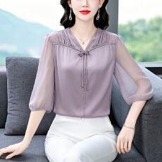 批发t恤上衣洋气<b class='q'>大码</b>中老年女装新款时尚纯色小衫雪纺衬衫