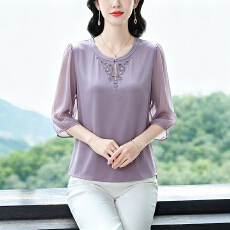 批发t恤真丝上衣洋气<b class='q'>大码</b>中老年女装新款时尚纯色小衫雪纺衬衫