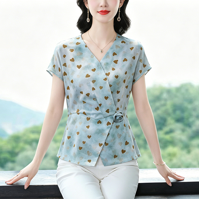 RY4723# t恤真丝上衣洋气大码中老年女装新款时尚纯色小衫雪纺衬衫
