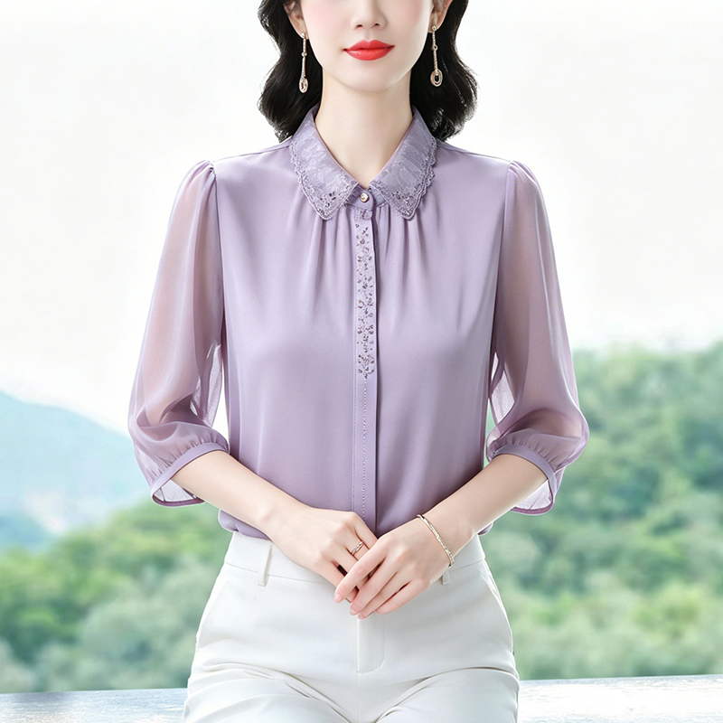 RY7206#t恤真丝上衣洋气大码中老年女装新款时尚纯色小衫雪纺衬衫