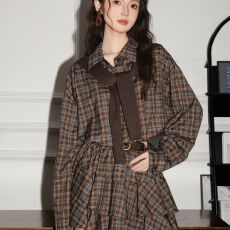 批发复古格子衬衫连衣裙针织披肩套装女气质收腰显瘦穿搭一整套衬衣裙