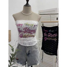 批发少也眼<b class='q'>春</b>日恋歌 蕾丝镂空辣妹T恤女夏季收腰显瘦短款白色抹胸上衣