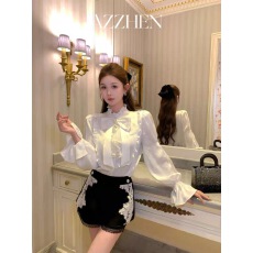 批发AZZHEN【甜心蔓蕾】高级感气质<b class='q'>蕾丝</b>荷叶领绑带可拆卸蝴蝶结<b class='q'>衬衫</b>女
