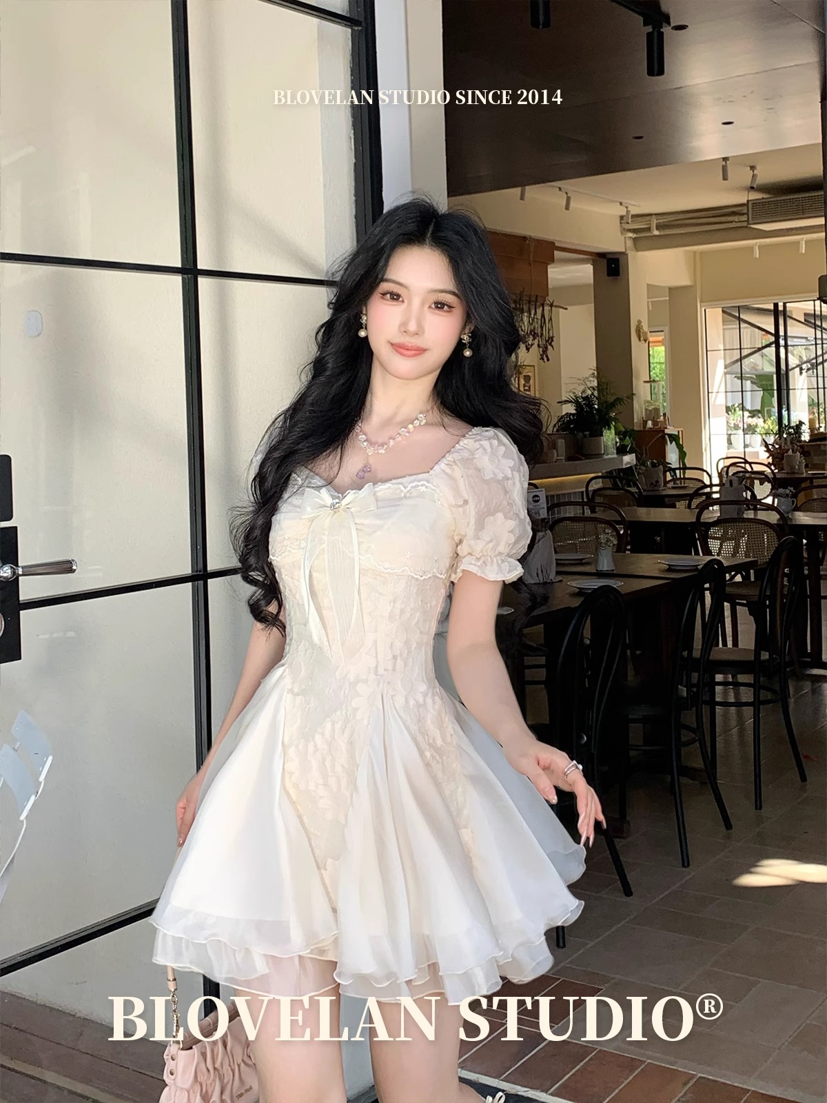 blovelan 화이트 티 와 바람 순수한 욕망 하얀 달빛 품격 전단 꽃 퍼프 망사 패치워크 드레스 공주 드레스