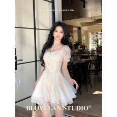 批发Blovelan白茶与风 纯欲白月光气质剪花蓬蓬网纱拼接<b class='q'>连衣裙</b><b class='q'>公主裙</b>