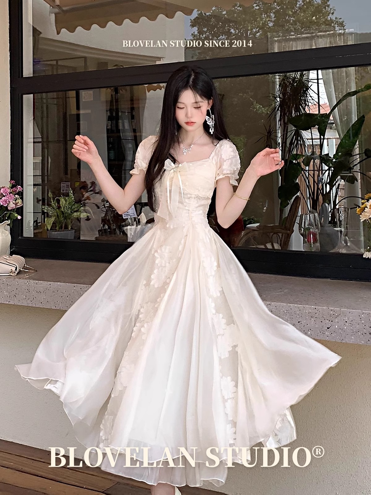 Blovelan白茶与风纯欲白月光气质刺绣花朵蓬蓬连衣裙度假风长裙女