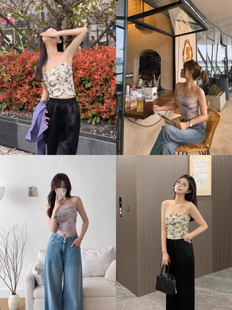 순수한 욕망 ins 보라색 나비 헤일로 염색 프린트 캐미솔 여름 핫걸 홀치기 염색 인사이드 가져 가라. 민소매 망사 맨위