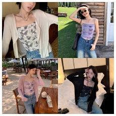 批发pusumede 紫色蝴蝶印花细吊带背心<b class='q'>女</b>夏外穿收腰显瘦短款无袖上衣