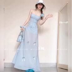 批发纯欲芭蕾风蓝色蝴蝶结设计网纱吊带裙甜美显瘦连衣裙