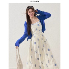 批发小个子穿搭两件套蓝色刺<b class='q'>绣花</b>苞吊带裙长袖针织开衫早秋甜美一整套