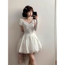 批发法式<b class='q'>甜美</b>泡泡袖白色连衣裙女夏日绝美初恋小个子收腰公主蓬蓬短裙