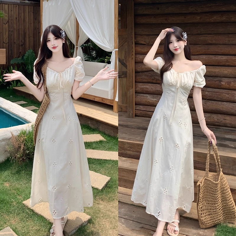 공주 롱 스커트 휴가 바람 지방 mm 레이스업 허리 수축 여성 드레스 여름 새로운 빅 사이즈 표지 고기 슬림해 보이는 A라인 스커트