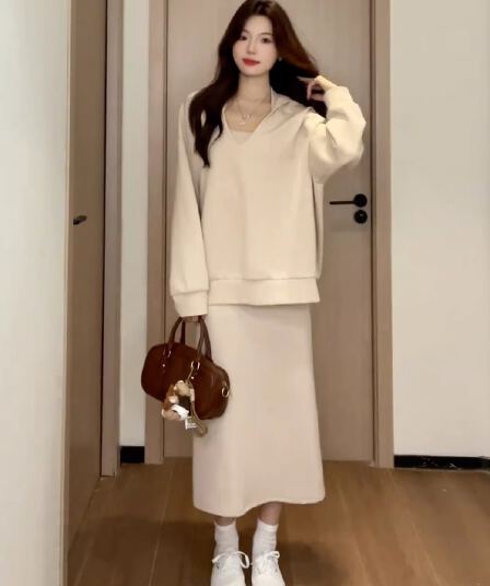 사람들 면 빈 가스 층 참나무 늑골 부드러운 바람 행침 목 세트 후드 맨위 슬림해 보이는 반신 스커트 투피스 세트