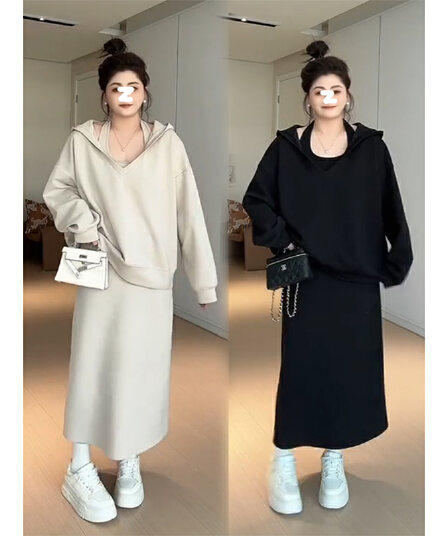 사람들 면 빈 가스 층 참나무 늑골 슬림해 보이는 단색 투피스 세트 행침 목 v 칼라 후드 맨위 반신 스커트