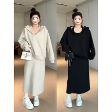 批发日系高级感挂脖吊带连衣裙女早秋季新款韩系小个子卫衣套装长裙子