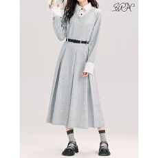 批发假两件灰色长袖连衣裙女秋冬季小个子气质收腰显瘦中长裙子