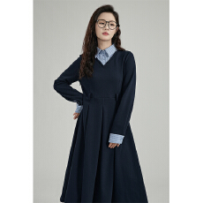 批发拼接假两件连衣裙女冬季2025新款设计感复古褶皱收腰裙子