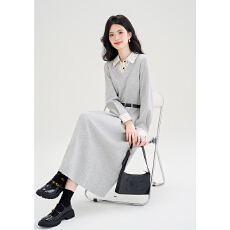 批发假两件灰色长袖连衣裙女秋冬春季高级感气质收腰显瘦长裙子