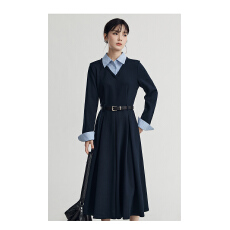 批发大码法式条纹假两件长袖连衣裙女秋季梨形身材胖MM遮肚子显瘦裙子