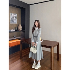 批发法式衬衫拼接连衣裙女秋冬季新款教资面试服装收腰气质长裙