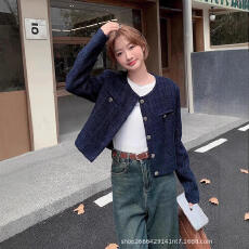 批发藏蓝色短款小香风单排扣外套复古高级休闲宽松长袖上衣套装