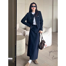 批发藏蓝色短款小香风单排扣<b class='q'>外套</b>复古高级休闲宽松长袖上衣女