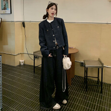 批发藏蓝色短款小香风单排扣<b class='q'>外套</b>复古高级休闲宽松长袖上衣女