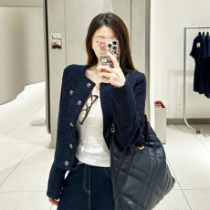 批发藏蓝色短款小香风单排扣<b class='q'>外套</b>复古高级休闲宽松长袖上衣套装