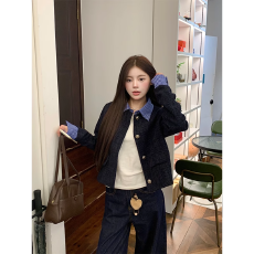 批发深蓝色格纹拼接小香风外套女春季2025年新款设计感减龄百搭<b class='q'>夹克</b>潮