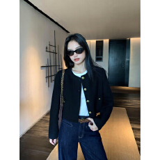 批发韩系学院黑色小香风外套女秋季短款高级感气质显瘦上衣