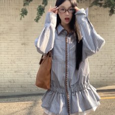 批发2025早<b class='q'>秋</b>新款法式气质撞色条纹收腰长袖衬衫女装休闲显瘦翻领上衣