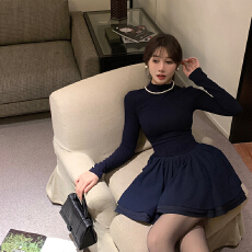 批发蓬蓬公主裙黑色打底<b class='q'>连衣裙</b>子女装秋冬新款大衣内搭掐腰小黑裙