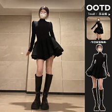 批发法式赫本风黑色长袖<b class='q'>连衣裙</b>子女秋冬新款内搭打底蓬蓬裙高级感