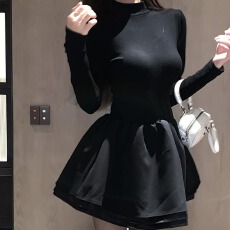 批发赫本风黑色半高领辣妹针织<b class='q'>连衣裙</b>女大衣内搭收腰显瘦小个子蓬蓬裙