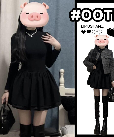 즐거움 즐거움 검정색 긴팔 여성 드레스 봄 순수한 욕망 허리 수축 슬림해 보이는 작은 검은 드레스 고급 품격 퍼프 스커트