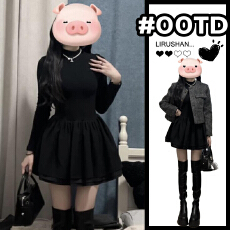 批发愉悦愉悦<b class='q'>黑色</b>长袖连衣裙女春季纯欲收腰显瘦小黑裙高级气质蓬蓬裙