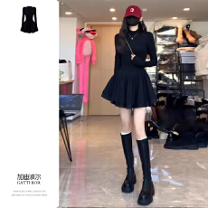 批发赫本千金小黑裙女早秋款掐腰显瘦收腰长袖针织裙蓬蓬裙