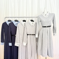 批发实拍---法式收腰显瘦格纹假两件长裙气质高级衬衫领休闲A字连衣裙