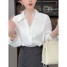 批发蕾丝花边polo领白色衬衫女款2025新款早秋长袖衬衣轻奢高级感上衣
