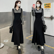 批发<b class='q'>大码</b>法式气质衬衫领假两件长裙秋冬胖mm韩系高级感收腰鱼尾连衣裙