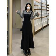 批发<b class='q'>大码</b>韩版修身假两件连衣裙女秋冬胖mm收腰显瘦赫本风时尚a字长裙