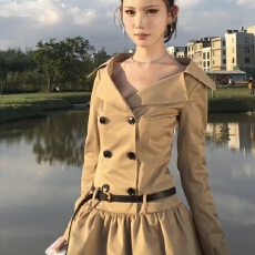 批发法式复古卡其色风衣连衣裙女秋季高级感双排扣长袖拼接花苞裙<b class='q'>短裙</b>