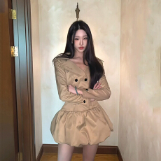 批发法式学院风长袖风衣连衣裙子女早秋季2025新款小个子a字花苞<b class='q'>短裙</b>