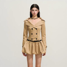 批发纯欲复古翻领<b class='q'>双排扣</b><b class='q'>风衣</b>式蓬蓬裙女秋季高级感气质收腰显瘦连衣裙