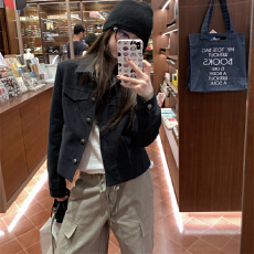 批发韩系做旧黑翻领<b class='q'>夹克</b>女秋冬新款休闲短款修身显瘦派克外套上衣