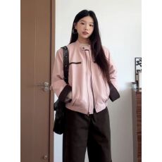 批发美式<b class='q'>时尚</b>气质酷飒风粉色立领拉链皮衣外套短款撞色设计感夹克上衣