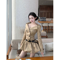 批发法式学院风长袖风衣连衣裙子女早秋季2025新款小个子a字花苞<b class='q'>短裙</b>