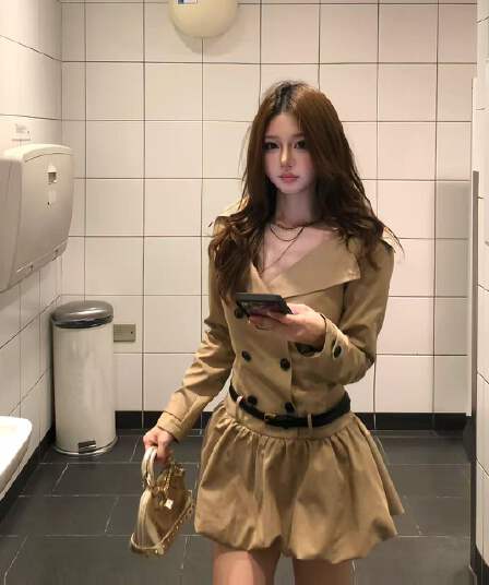 순수한 욕망 바람 섹시함 품격 단색 긴팔 여성 드레스 가을 튀김 거리 고급 센스 바람막이 이중 버튼 꽃밭 치마