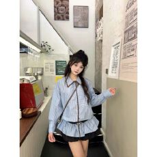 批发复古辣妹风蓝条纹防晒长袖衬衫女<b class='q'>秋</b>季宽松显瘦百搭高级感chic衬衣